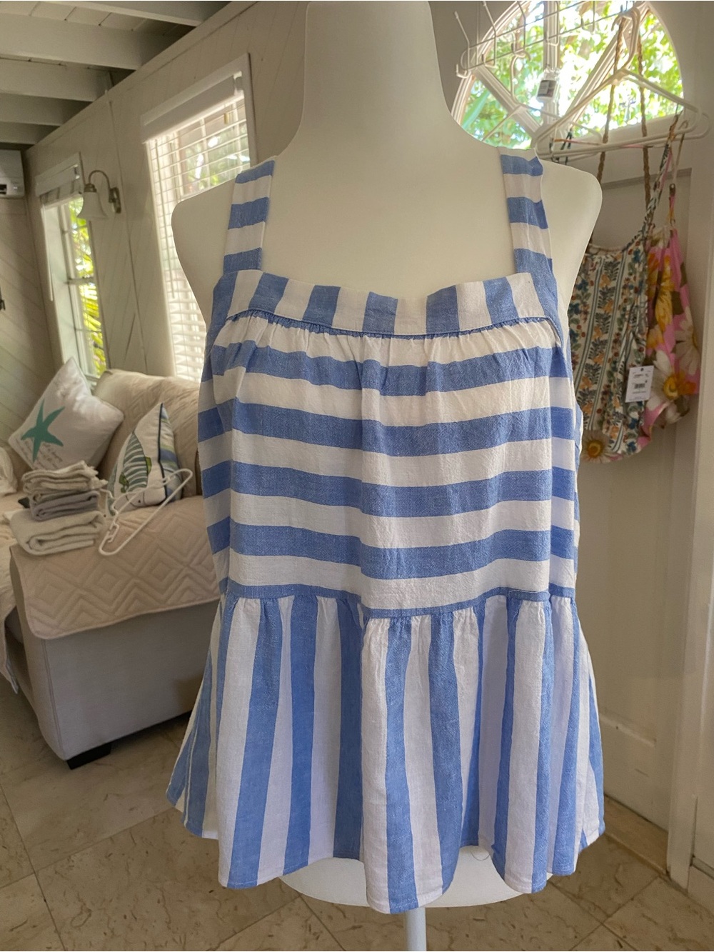 LOFT Blue and White Striped Sleeveless Top